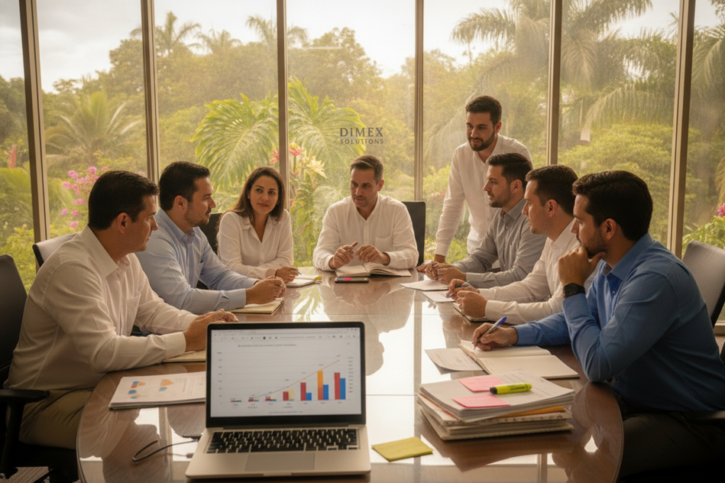 A professional setting in Costa Rica showing a diverse group of people in casual business attire gathered around a modern conference table, discussing appointment strategies for DIMEX fee submissions. The foreground features a laptop with charts on the screen, alongside documents with highlights, conveying a focused atmosphere. In the middle ground, individuals are actively engaging, taking notes and sharing ideas, displaying expressions of determination and collaboration. The background includes large windows letting in soft, natural light that illuminates tropical greenery outside, creating a serene yet productive ambiance. A warm color palette complements the scene, suggesting a positive, solution-oriented environment for navigating the nuances of scheduling and submissions.