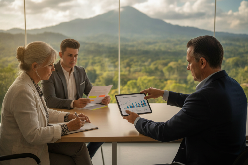 A professional setting in a bright, modern office featuring a diverse group of individuals engaged in a discussion about managing CAJA premiums in Costa Rica. In the foreground, a middle-aged man in business attire is pointing at a digital tablet displaying graphs and charts, while an older woman in modest business casual attire is taking notes. In the middle, a young professional is seated, reviewing a document with key strategies highlighted. The background showcases a large window with a breathtaking view of Costa Rican greenery and mountains, symbolizing the vibrant life in Costa Rica. The lighting is warm and natural, creating an inviting atmosphere that encourages collaboration and teamwork. The composition focuses on teamwork, strategy, and a peaceful Costa Rican landscape, captured with a slight depth of field for emphasis.