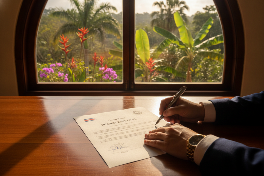A professional setting showcasing a Power of Attorney document prominently displayed on an elegant wooden desk. The document is adorned with Costa Rican national symbols, such as the flag or coat of arms, subtly placed in the background. In the foreground, a pair of hands, dressed in professional business attire, gracefully hold a pen, poised for signing. The middle ground features a tropical view through a large window, highlighting lush greenery and vibrant flowers of Costa Rica, illuminated by warm, natural light. The atmosphere is calm and focused, conveying the importance of legal processes related to immigration. The angle is slightly elevated, offering depth to the scene while maintaining a polished and inviting mood.