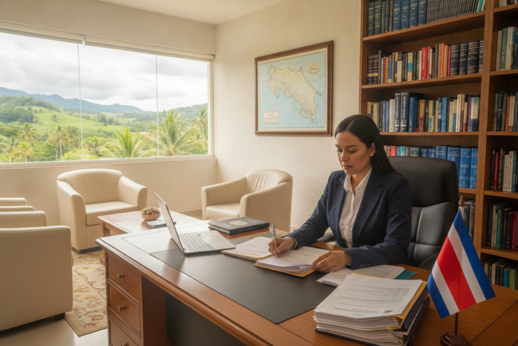 A professional setting showcasing the expertise of CRIE in immigration. In the foreground, depict a focused immigration consultant wearing business attire, sitting at a desk filled with documents and a Costa Rican flag subtly placed to the side. The middle shows a cozy office environment, with a map of Costa Rica on the wall and shelves filled with immigration resources. The background features a large window with natural light pouring in, revealing a lush Costa Rican landscape. The overall mood is welcoming and professional, emphasizing trust and support in the immigration process. Use soft, warm lighting to create an inviting atmosphere, and shoot from a slightly elevated angle to capture the depth of the office space.