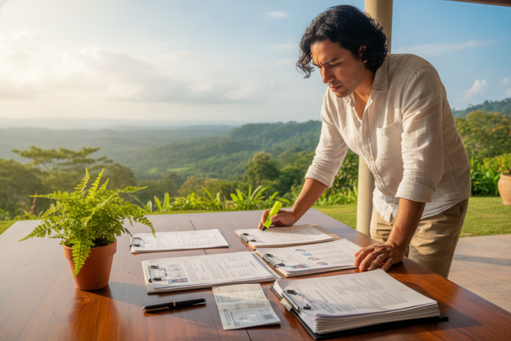 A professional table set outdoors in a bright, sunlit environment in Costa Rica, featuring neatly arranged essential documentation for residency, including financial statements, identification forms, and proof of address. In the foreground, a pen and a small plant add a touch of nature. The middle of the scene showcases a Costa Rican landscape with lush green hills and a blue sky, embodying the country's vibrant atmosphere. A person dressed in modest, casual clothing is reviewing documents with a focused expression, ensuring a sense of professionalism. The lighting is soft and natural, creating a warm and inviting atmosphere. The composition captures the essence of preparing for the Costa Rica residency interview, emphasizing clarity and organization in the documentation process.