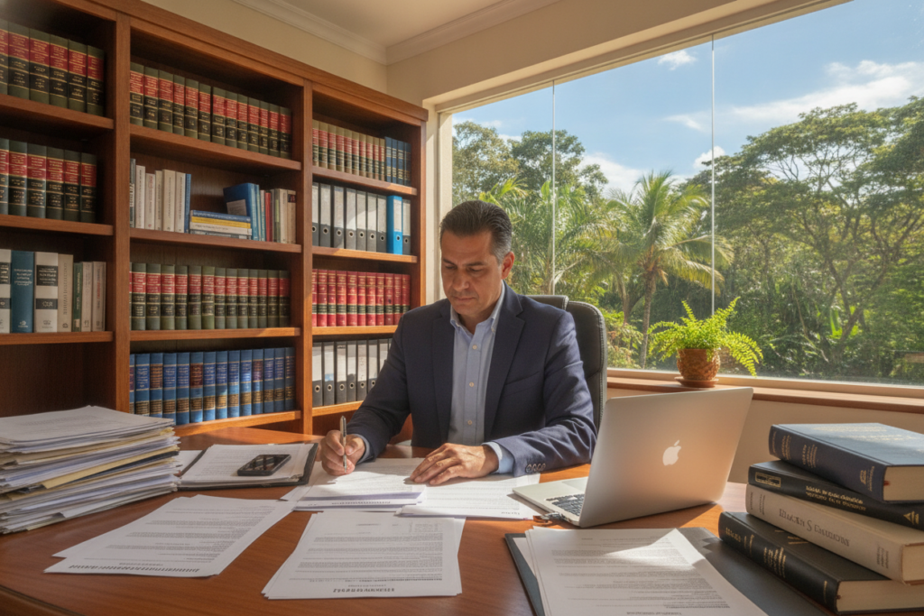A professional translator sitting at a desk in a sunlit office in Costa Rica, surrounded by immigration documents and reference books. The foregound captures the translator focused on a document, with clear details on their desk including a laptop, a phone, and various official forms. The middle ground reveals bookshelves filled with legal texts and dictionaries, showcasing the work environment. In the background, large windows offer a glimpse of lush Costa Rican scenery, highlighting vibrant greenery and a blue sky. The lighting is warm and natural, creating a productive ambiance. The translator is dressed in professional business attire, exuding confidence and expertise, while the overall mood is one of diligence and clarity in the translation process.