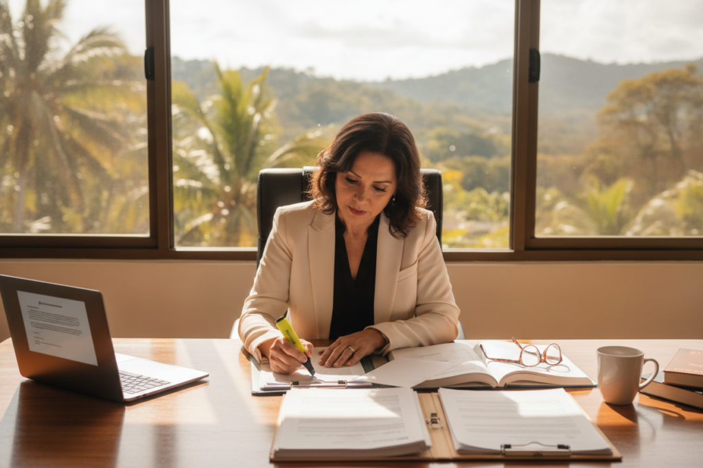 A professional translator sitting at a wooden desk in a sunlit office in Costa Rica, surrounded by neatly organized immigration documents. The translator, a middle-aged woman in smart business attire, is focused on her work, highlighting the importance of expertise in document translation. In the background, a large window reveals a lush green landscape typical of Costa Rican nature, with palm trees swaying gently in the breeze. The lighting is warm and inviting, casting soft shadows across the desk. On the desk, a computer, a stack of papers, and a coffee mug add a touch of realism, capturing a serene and professional atmosphere that emphasizes the role of certified professionals in handling immigration documentation.