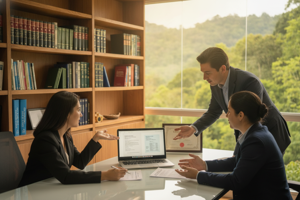 A professional translator's workspace showcasing best practices for certified translation services, featuring a neatly organized desk with a laptop displaying various residential documents in Spanish and English. In the foreground, a diverse group of three people, dressed in business attire, engage in discussion over the documents, emphasizing teamwork and professionalism. The middle ground includes a well-lit bookshelf filled with translation guides and legal books, representing knowledge and expertise. In the background, a panoramic window offers a glimpse of Costa Rica's lush green landscape under natural sunlight, creating a warm and inviting atmosphere. The scene is captured with soft focus and a warm color palette, evoking a sense of trust and reliability in professional translation services.
