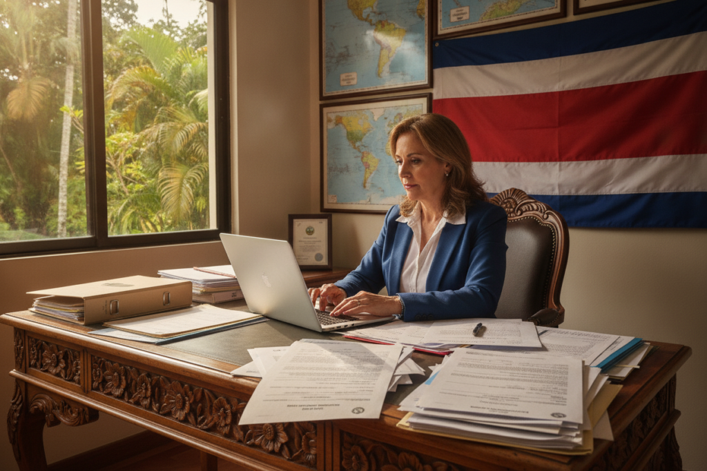 A professional workspace in Costa Rica, featuring an ornate wooden desk cluttered with essential residency application documents, some of which have neatly printed translations in Spanish and English. A confident individual, dressed in smart business attire, sits focused on a laptop, checking the accuracy of translations. Natural light streams through a window, illuminating lush tropical greenery outside. In the background, a wall is adorned with travel maps and a Costa Rican flag, symbolizing the journey to residency. The atmosphere is one of determination and professionalism, capturing the essence of diligence in ensuring proper translations and certifications for residency applications. The scene is photorealistic, with vibrant colors and soft shadows highlighting the details without any distractions.