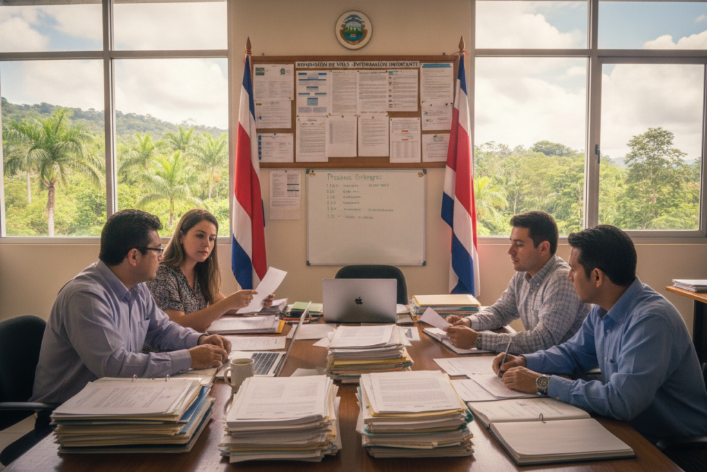 A professional workspace in a Costa Rican government office focused on coordinating renewal submissions. In the foreground, a table cluttered with official documents, a laptop, and a coffee cup. A diverse group of individuals in modest casual attire—two men and two women—are engaged in discussion, reviewing paperwork, and collaborating on a laptop. In the middle ground, a wall adorned with Costa Rican flags and a bulletin board filled with information on visa renewals. In the background, large windows allow bright, natural light to fill the room, showcasing a green landscape outside. The overall mood is collaborative and focused, reflecting the importance of the visa renewal process. Soft lighting enhances a welcoming atmosphere, emphasizing teamwork and diligence.