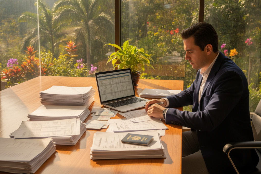 A professional workspace in a sunlit office featuring a wooden desk cluttered with essential documents for residency in Costa Rica. In the foreground, neatly organized stacks of paperwork, including financial statements, a passport, and copies of important identification, are highlighted. The middle section shows a laptop displaying a spreadsheet, while a potted plant adds a touch of greenery. In the background, a large window overlooks a vibrant view of Costa Rican flora, with bright, tropical colors. The lighting is warm and inviting, reflecting a sense of diligence and organization. A person, dressed in professional business attire, reviews the documents, adding a focused and serious atmosphere to the scene, embodying the mood of preparation and professionalism.