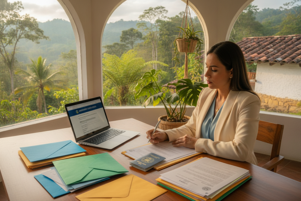 A professional workspace set in a bright, airy room with large windows showing a lush Costa Rican landscape outside. In the foreground, a neatly organized table is filled with essential documents for a residency package: colorful envelopes, a passport, copies of legal papers, and a laptop displaying a residency application website. A focused woman in professional attire is reviewing the documents, her expression intent and determined. The soft morning light illuminates the scene, casting gentle shadows and enhancing the vibrant colors of the papers. In the background, tropical plants and hints of Costa Rican architecture subtly frame the space, creating an inviting and optimistic atmosphere, emphasizing the theme of preparing for a new life in Costa Rica.