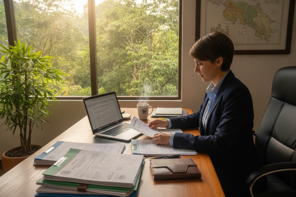 A professional workspace set in a cozy, well-lit office with a view of lush Costa Rican greenery visible through a window. In the foreground, a neatly organized desk displays a pile of official Costa Rica residency documents, a laptop with an open email, a coffee cup, and a few stationery items. The middle ground features a person, dressed in professional business attire, intently reviewing papers while typing notes. The background highlights a potted plant and a map of Costa Rica on the wall, suggesting a focus on the residency process. The scene is bathed in warm, natural light, creating a calm and productive atmosphere, reflecting the meticulous preparation involved in organizing residency documentation.