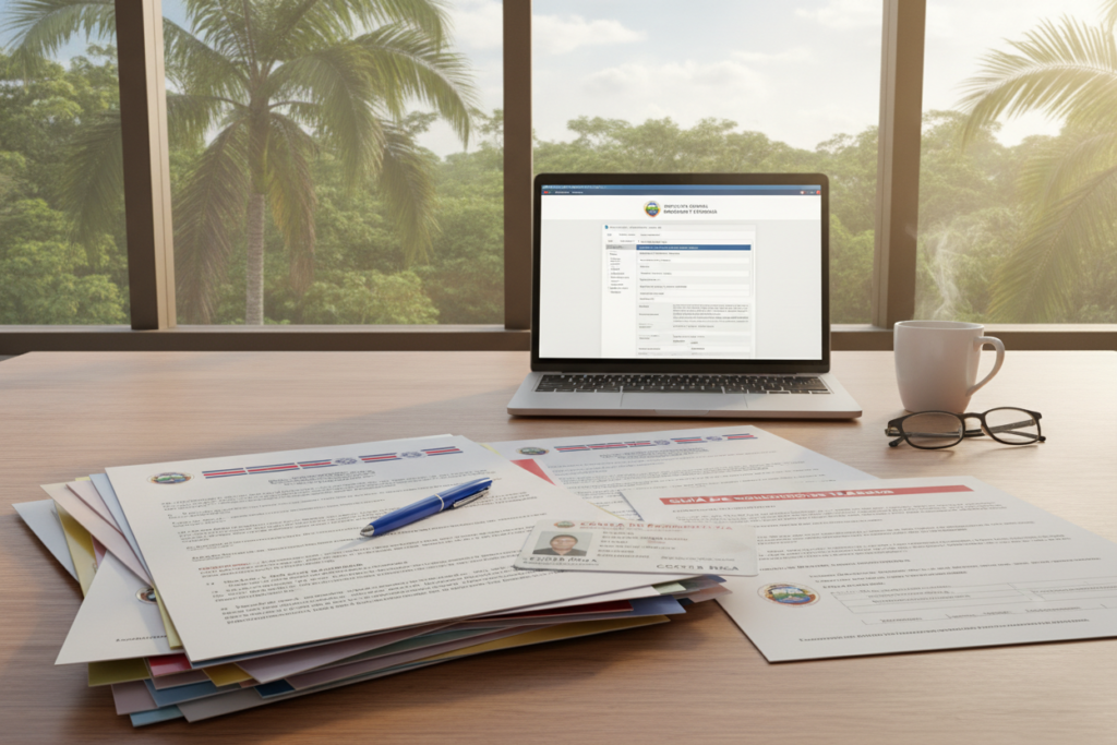 A realistic office scene depicting Costa Rica work permit documents laid out on a wooden desk. In the foreground, a stack of colorful paperwork labeled with various Costa Rican government insignia, including forms, an ID, and instructional sheets about the permit application process. The middle ground features a laptop with an open application form on the screen, along with a pen and a cup of coffee. In the background, a window reveals a lush tropical landscape with palm trees and vibrant greenery. Soft, natural light filters through, creating a warm and inviting atmosphere. The setting conveys professionalism and organization, suitable for depicting the essential documentation needed for a work permit in Costa Rica.