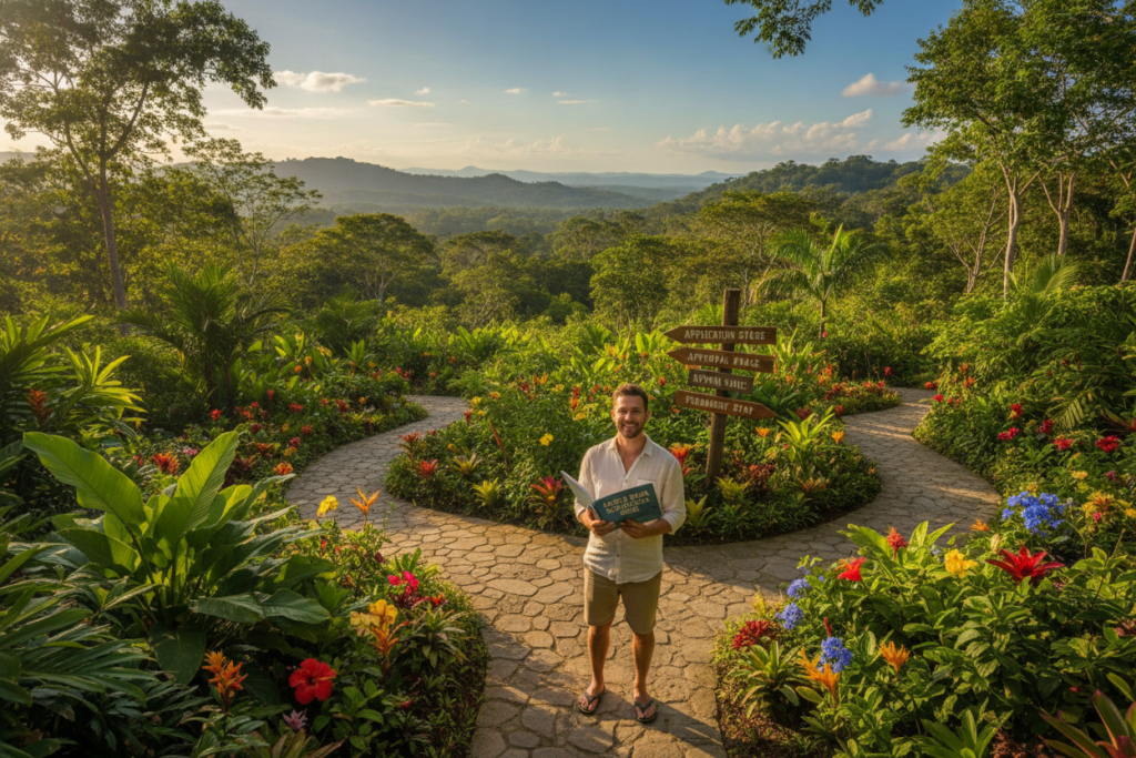 A scenic Costa Rican landscape depicting inviting paths and lush greenery to symbolize a smooth residency journey. In the foreground, a casually dressed individual with a confident expression is consulting a guidebook while surrounded by tropical plants and colorful flowers. The middle ground features welcoming elements like a small wooden signpost pointing toward various destinations, hinting at different stages of the residency process. In the background, picturesque hills and blue skies enhance the serene atmosphere. The image is bathed in warm, natural light, capturing the essence of Costa Rica's vibrant environment. The overall mood is optimistic and encouraging, reflecting a sense of adventure and preparedness for the journey ahead.