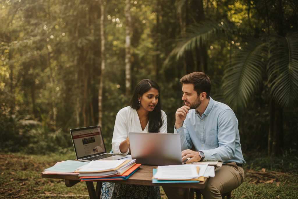 A scenic Costa Rican landscape showcasing a tranquil outdoor setting, embodying the essence of a marriage visa process. In the foreground, a small table adorned with colorful paperwork and an open laptop, symbolizing the application process. In the middle ground, a couple of diverse individuals in smart casual attire, looking at documents and engaging in discussion, reflecting the process of understanding marriage visa requirements. The background features lush greenery typical of Costa Rica, with gentle sunlight filtering through the leaves, creating a warm, inviting atmosphere. The scene is captured in natural light with a soft focus, evoking a sense of clarity and optimism. Ideal for illustrating key steps and information regarding marriage visa requirements in Costa Rica.