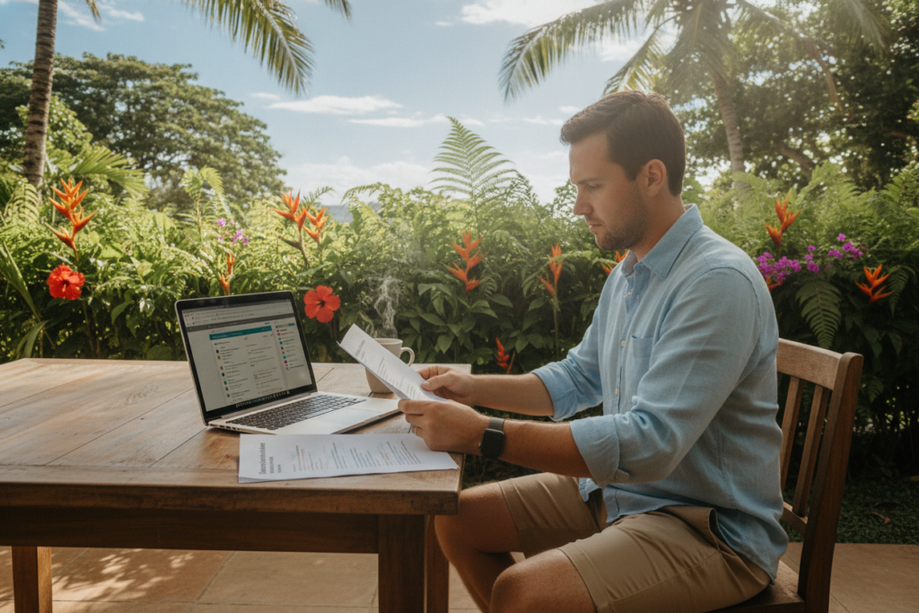 A scenic Costa Rican outdoor setting featuring a casual, professional-looking individual reviewing residency application guidelines at a wooden table. In the foreground, a laptop is open with colorful tabs and documents displayed, while a cup of coffee sits beside it. The middle ground shows lush, green tropical foliage and vibrant flowers typical of Costa Rica, creating a serene backdrop. In the background, a clear blue sky with soft, fluffy clouds lets natural light illuminate the scene, casting gentle shadows. The mood is relaxed yet focused, embodying the spirit of living and working in Costa Rica. The individual is dressed in modest, smart-casual attire, exuding professionalism while enjoying the natural surroundings.