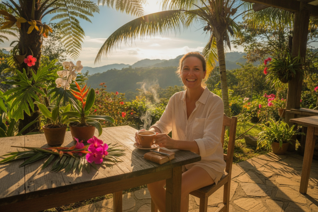 A scenic depiction of a serene outdoor café in Costa Rica, where a cheerful individual, dressed in casual summer attire, sits at a wooden table surrounded by vibrant tropical plants and flowers. In the foreground, a steaming cup of coffee rests on the table, symbolizing comfort and new beginnings. In the middle ground, a clear blue sky and gentle sunlight filter through palm fronds, casting dappled shadows on the ground. The background features a lush, green landscape with distant hills, capturing the essence of Costa Rica's natural beauty. The atmosphere is warm and inviting, evoking a sense of hope and renewal in the context of residency after divorce, promoting positivity and personal growth. A scenic depiction of a serene outdoor café in Costa Rica, where a cheerful individual, dressed in casual summer attire, sits at a wooden table surrounded by vibrant tropical plants and flowers. In the foreground, a steaming cup of coffee rests on the table, symbolizing comfort and new beginnings. In the middle ground, a clear blue sky and gentle sunlight filter through palm fronds, casting dappled shadows on the ground. The background features a lush, green landscape with distant hills, capturing the essence of Costa Rica's natural beauty. The atmosphere is warm and inviting, evoking a sense of hope and renewal in the context of residency after divorce, promoting positivity and personal growth.
