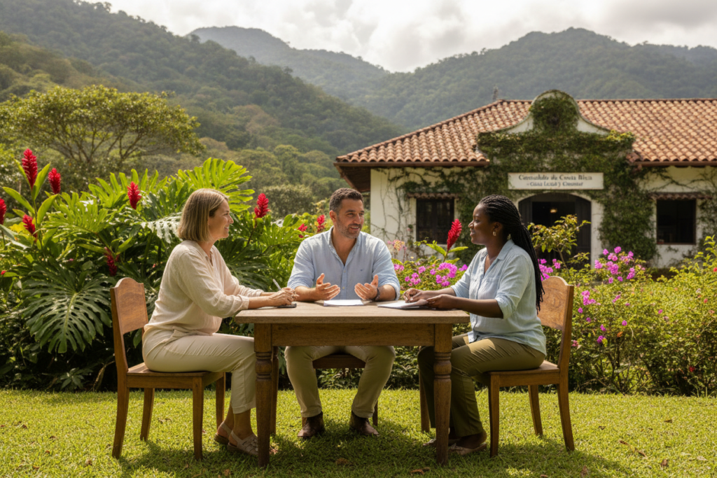 A scenic outdoor consultation scene set in Costa Rica, representing "Legal and Consular Guidance for Applicants." In the foreground, a diverse group of three professionals—one white, one Hispanic, and one Black—sitting at a rustic wooden table, engaged in discussion, all casually dressed in light, breathable clothing suitable for a tropical climate. In the middle ground, a lush green landscape with vibrant tropical plants and distant mountains, bathed in natural sunlight, enhances the atmosphere of warmth and welcome. The background features a soft-focus view of a traditional Costa Rican consulate building blending harmoniously with nature. The mood is inviting and professional, emphasizing guidance and support in the immigration process. The image is captured with a slightly wide-angle lens, showcasing the interactions and the beautiful surroundings, while keeping the focus on the group. A scenic outdoor consultation scene set in Costa Rica, representing "Legal and Consular Guidance for Applicants." In the foreground, a diverse group of three professionals—one white, one Hispanic, and one Black—sitting at a rustic wooden table, engaged in discussion, all casually dressed in light, breathable clothing suitable for a tropical climate. In the middle ground, a lush green landscape with vibrant tropical plants and distant mountains, bathed in natural sunlight, enhances the atmosphere of warmth and welcome. The background features a soft-focus view of a traditional Costa Rican consulate building blending harmoniously with nature. The mood is inviting and professional, emphasizing guidance and support in the immigration process. The image is captured with a slightly wide-angle lens, showcasing the interactions and the beautiful surroundings, while keeping the focus on the group.