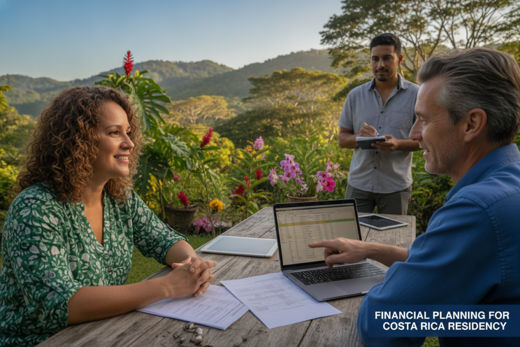 A scenic outdoor setting in Costa Rica, depicting a diverse group of 3-4 individuals casually discussing pension and income matters. The foreground features a middle-aged man and woman seated at a wooden table, with financial documents and a laptop open in front of them. The man is wearing a neatly buttoned-up shirt and the woman a comfortable blouse, both reflecting professionalism without being overly formal. In the middle ground, a lush garden filled with tropical plants and vibrant flowers sets a serene atmosphere. The background shows distant hills under a clear blue sky, bathed in warm natural sunlight. Capture the mood of cooperation and understanding, highlighting the importance of financial planning for residency, with a soft focus to enhance the tranquil surroundings.