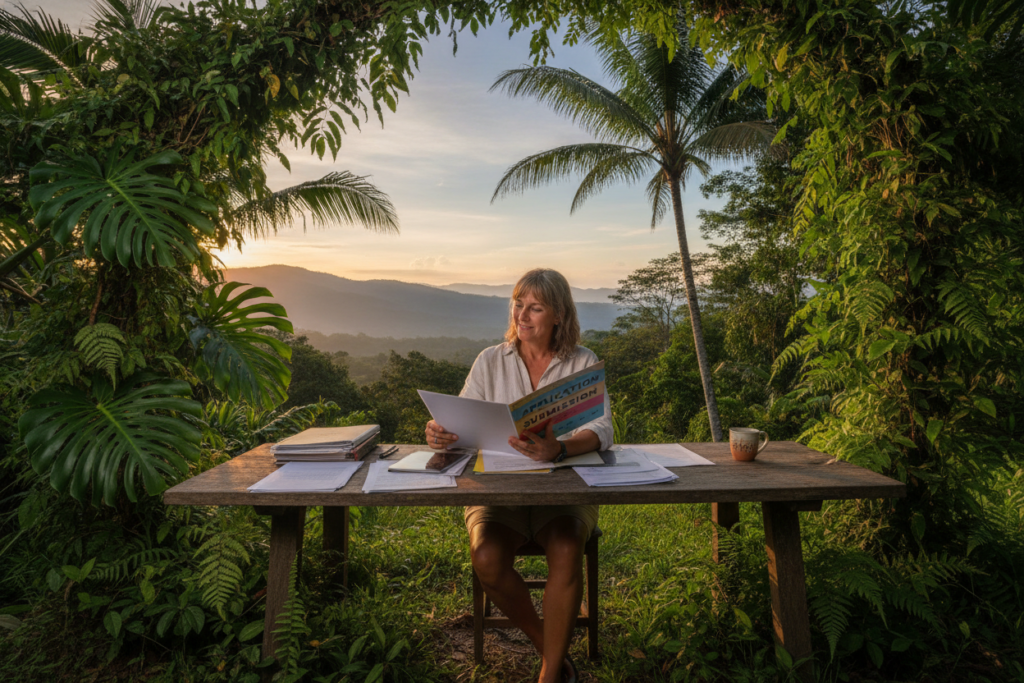 A scenic outdoor workspace in Costa Rica, vibrant tropical plants and trees framing the scene. In the foreground, a casually dressed professional, a middle-aged woman with purposeful intent, reviewing a colorful folder labeled "Application Submission" at a rustic wooden desk. In the background, a soft-focus view of a sunrise illuminating a picturesque landscape, mountains gently rising under a clear blue sky. Natural light casts warm, inviting shadows across the workspace, enhancing the feeling of focus and determination. The atmosphere is serene yet focused, embodying the essence of embarking on an important journey. A few neatly organized application materials are scattered on the desk, emphasizing clarity and structure without any visible distractions.