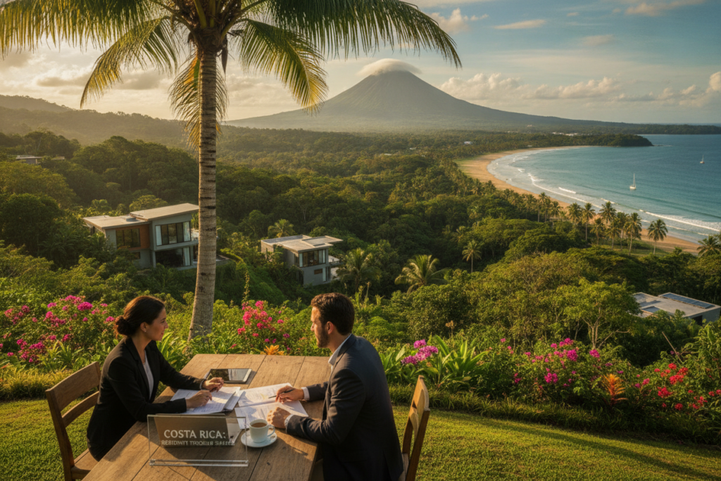 A scenic overview of Costa Rica showcasing the investment opportunities for residency through company shares. In the foreground, feature a casual business meeting taking place under a tropical palm tree, with two professionals discussing documents and a laptop. The middle layer includes lush green landscapes with vibrant flora, symbolizing growth and prosperity. In the background, depict iconic Costa Rican landmarks such as Arenal Volcano or a serene beach setting, enhancing the natural beauty of the environment. The lighting should be warm and natural, reflecting a sunny day, while the angle captures a panoramic view of the landscape. The atmosphere should exude a sense of opportunity and tranquility, ideal for enhancing the understanding of investor residency in Costa Rica.