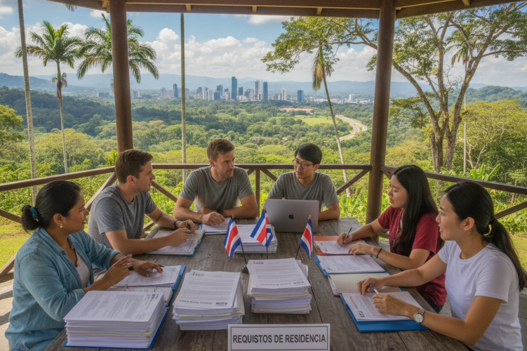 A scenic overview of Costa Rica's residency requirements illustrated through a photorealistic composition. In the foreground, a diverse group of casually dressed individuals, representing different cultures, gather around a table cluttered with official papers, applications, and Costa Rican flags, discussing residency. The middle ground features a picturesque Costa Rican landscape, with lush green hills and the silhouette of a vibrant city skyline under a bright blue sky. In the background, tropical trees sway gently in a warm breeze, evoking a sense of tranquility and the richness of Costa Rican culture. The lighting is natural and bright, highlighting the details in the scene, creating a welcoming and informative atmosphere that conveys the essence of residency in Costa Rica.