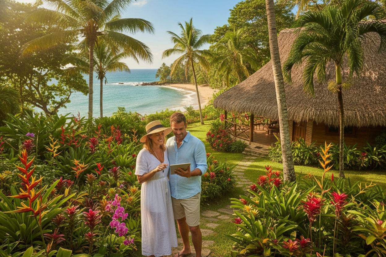 Scenic view of a couple exploring residency options in Costa Rica