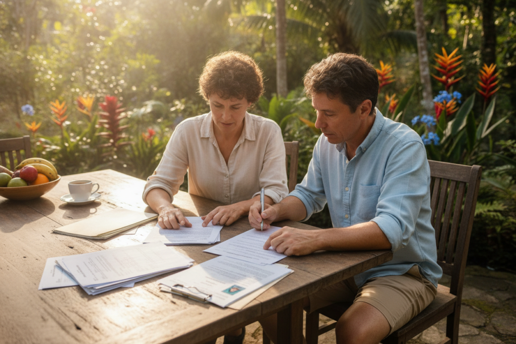 A scenic view of a cozy, sunlit outdoor workspace in Costa Rica, featuring a wooden table filled with essential residency documents, including application forms, identification papers, and proof of relationship. In the foreground, a middle-aged same-sex couple, both in casual but neat clothing, are attentively reviewing the papers together. The background showcases lush greenery and vibrant tropical flowers, capturing the essence of Costa Rica’s natural beauty. Soft, warm lighting filters through the tree branches, creating a calm and inviting atmosphere. The composition emphasizes focus and determination, symbolizing the couple's journey in navigating residency requirements. The angle is slightly elevated, providing a clear view of both the couple and their surrounding environment.