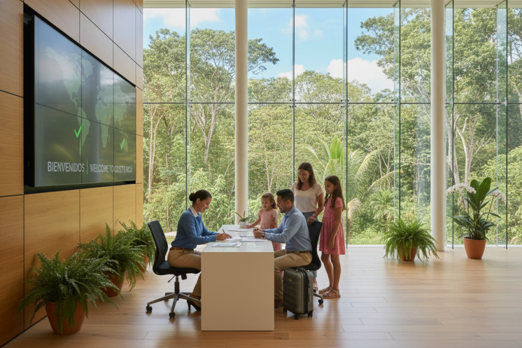 A scenic view of a modern Costa Rican immigration office, featuring a well-lit reception area with large windows showing lush tropical greenery outside. In the foreground, a professional staff member in smart casual attire is assisting a family of immigrants, engaged in paperwork. The family looks hopeful and attentive, embodying the spirit of new beginnings. In the middle ground, a large digital screen displays updated immigration information. The background includes palm trees swaying gently under a clear blue sky, creating a welcoming atmosphere. The lighting is bright and natural, enhancing the sense of optimism and progress in the scene. The image should capture a vibrant, professional environment that reflects Costa Rica's welcoming approach to immigrants.