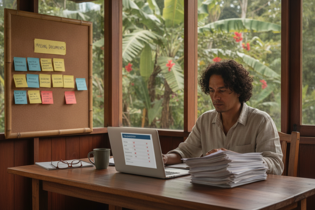 A scenic view of a tropical Costa Rican office space, featuring a casual yet professional atmosphere. In the foreground, a person of diverse descent sits at a wooden desk, reviewing a stack of documents, looking concerned. A laptop is open, displaying a visa application form with visible red flags like check marks and tick boxes. In the middle ground, a pinboard is filled with colorful notes highlighting common pitfalls in the visa application process, such as "Missing documents," "Incorrect information," and "Deadline confusion." The background showcases lush greenery through a window, illuminated by soft, natural light. The mood is both thoughtful and slightly stressful, capturing the essence of navigating visa challenges in a beautiful, serene setting.