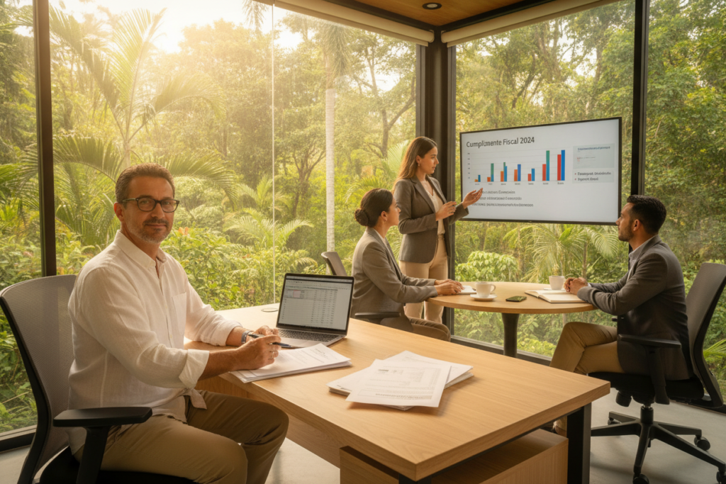 A scenic view of a vibrant Costa Rican office environment where a diverse group of professionals appears engaged in discussing tax compliance and business regulations. In the foreground, a middle-aged male accountant with glasses, wearing casual but professional attire, examines documents on a desk with a laptop open beside him. In the middle, a young woman, dressed smartly, gestures as she explains a chart on a nearby screen, highlighting tax forms and compliance strategies. The background features large windows showing lush greenery typical of Costa Rica, allowing natural light to flood the room, creating a warm and inviting atmosphere. The overall mood is professional yet relaxed, showcasing the balance between work and the serene Costa Rican lifestyle.
