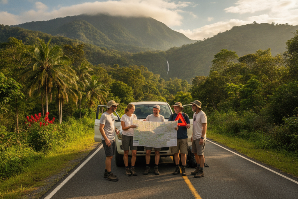 A scenic view of a winding road in Costa Rica, showcasing vibrant green foliage and mountainous terrain as the backdrop. In the foreground, a diverse group of casually dressed travelers are engaged in discussing driving safety while examining a road map. They are smiling and wearing comfortable clothing appropriate for a warm climate. The atmosphere is warm and inviting, with natural sunlight filtering through the leaves, casting dappled shadows on the road. The angle captures both the road's curves and the travelers, emphasizing the importance of safe driving in this lush environment. A few iconic Costa Rican elements like tropical flowers or a distant waterfall can be subtly included in the background to enhance the image's local context.