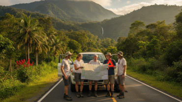 A scenic view of a winding road in Costa Rica, showcasing vibrant green foliage and mountainous terrain as the backdrop. In the foreground, a diverse group of casually dressed travelers are engaged in discussing driving safety while examining a road map. They are smiling and wearing comfortable clothing appropriate for a warm climate. The atmosphere is warm and inviting, with natural sunlight filtering through the leaves, casting dappled shadows on the road. The angle captures both the road's curves and the travelers, emphasizing the importance of safe driving in this lush environment. A few iconic Costa Rican elements like tropical flowers or a distant waterfall can be subtly included in the background to enhance the image's local context.