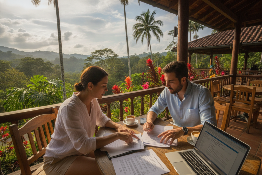A scenic view of navigating residency connections in Costa Rica, featuring a professional couple in modest casual clothing discussing paperwork at a café with lush greenery around them. In the foreground, a table is set with documents and a laptop displaying residency forms. In the middle, the couple appears engaged in conversation, showing expressions of determination and collaboration. The background includes a vibrant Costa Rican landscape with palm trees and colorful flowers, bathed in warm, natural light. The overall mood conveys a sense of optimism and warmth, with a focus on personal connection in a beautiful environment, shot from a slight upward angle to capture the surroundings and atmosphere.