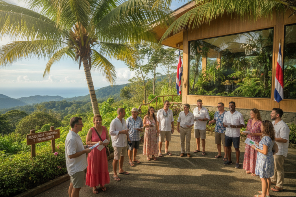 A scenic view showcasing the essence of Costa Rican immigration nuances, highlighting both temporary and permanent residency aspects. In the foreground, a diverse group of casually dressed individuals—representing different nationalities—are engaged in a conversation under a vibrant green palm tree. In the middle ground, a welcoming immigration office building features a large window displaying a tropical garden. The background captures the lush Costa Rican landscape with rolling hills and a clear blue sky, symbolizing opportunity and tranquility. Natural lighting illuminates the scene, evoking a warm and inviting atmosphere. The composition is captured from a slightly elevated angle, providing depth and context, while emphasizing the harmony within the varied community.