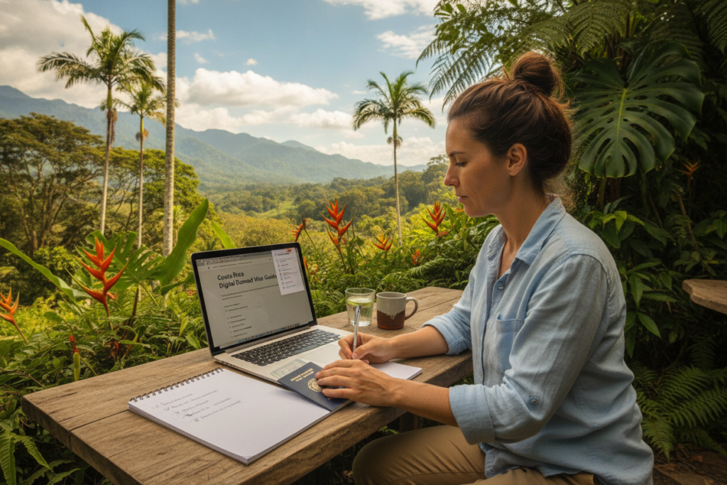 A secluded outdoor workspace in a vibrant Costa Rican setting, featuring a laptop on a wooden table surrounded by lush tropical greenery. In the foreground, a focused individual dressed in casual, professional attire takes notes on a notepad, radiating determination and organization. The middle ground shows a colorful Costa Rican landscape with towering palm trees and distant mountains under a bright blue sky. Soft, natural lighting highlights the scene, creating a relaxed yet productive atmosphere. The image captures the essence of clarity, showcasing practical tips for a successful digital nomad visa application, with elements such as a checklist and an open passport subtly integrated into the workspace. A secluded outdoor workspace in a vibrant Costa Rican setting, featuring a laptop on a wooden table surrounded by lush tropical greenery. In the foreground, a focused individual dressed in casual, professional attire takes notes on a notepad, radiating determination and organization. The middle ground shows a colorful Costa Rican landscape with towering palm trees and distant mountains under a bright blue sky. Soft, natural lighting highlights the scene, creating a relaxed yet productive atmosphere. The image captures the essence of clarity, showcasing practical tips for a successful digital nomad visa application, with elements such as a checklist and an open passport subtly integrated into the workspace.
