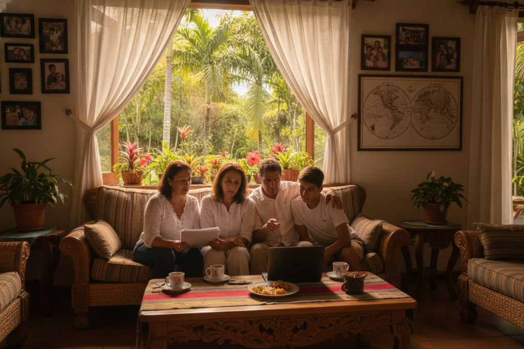 A serene Costa Rican family scene depicting the impact on residency status. In the foreground, a closely-knit family of four—a mother, father, and two children aged 17 and 19—are gathered together in a cozy living room filled with local decor, showcasing a blend of traditional and modern elements. The parents are casually dressed, engaged in a thoughtful conversation. The middle ground features an open window revealing a lush tropical garden, with sunlight streaming in, casting warm, natural light across the room. The background includes a wall with framed family photos and a world map highlighting Costa Rica, symbolizing their journey. The overall mood is contemplative, evoking feelings of reflection and concern about their future in Costa Rica. The scene captures the essence of family unity in a vivid, photorealistic style.