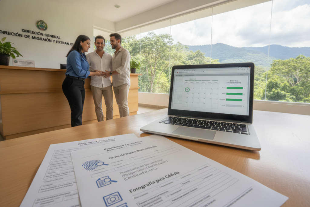 A serene Costa Rican government office setting, featuring a neatly organized reception desk with a friendly staff member dressed in smart business attire, assisting a couple dressed in casual yet modest clothing. In the foreground, a close-up of a checklist and application forms pertaining to residency renewal, showcasing icons representing various application procedures like biometric scans and document submissions. In the middle, a wooden table with a laptop displaying timelines and a calendar marked with important dates. In the background, large windows revealing lush green landscapes characteristic of Costa Rica under bright natural light. The atmosphere is calm and professional, evoking a sense of clarity and guidance, perfect for individuals navigating the residency renewal process.