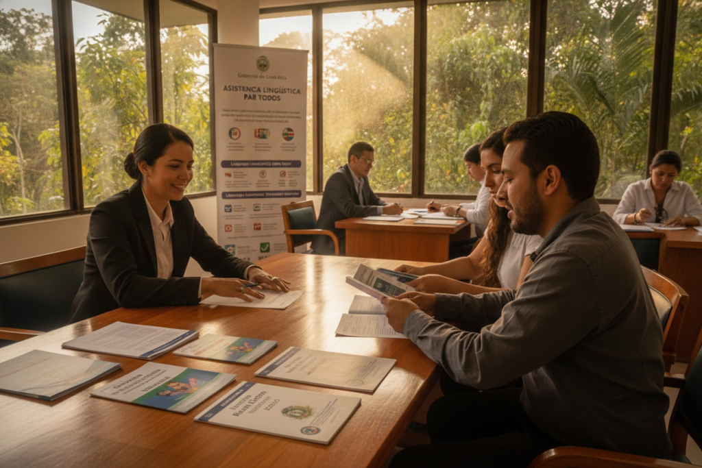 A serene Costa Rican government office setting, showcasing a diverse group of people engaging in the DIMEX card application process. In the foreground, a smiling professional in business attire is helping a couple, who are casually dressed, examine documents with a focus on language assistance. The middle ground features a table filled with pamphlets in Spanish and English about language requirements, while an official poster about translation services hangs on the wall. The background showcases large windows allowing natural light to illuminate the space, with lush Costa Rican greenery subtly visible outside. Capture a warm and welcoming atmosphere, emphasizing inclusivity and support in the language assistance process, evoking a sense of community and professionalism.