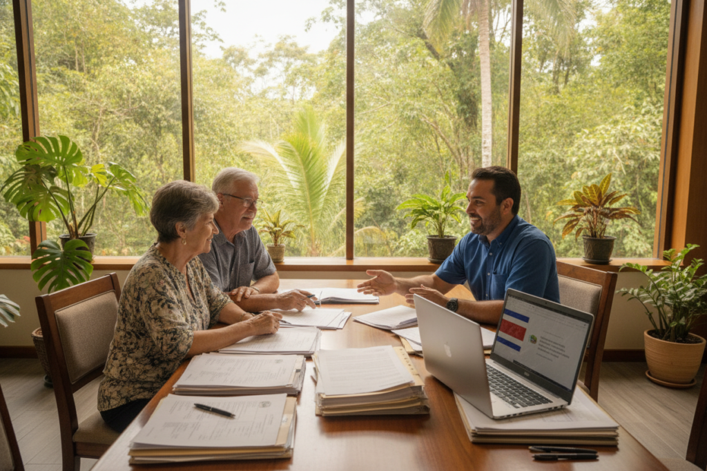 A serene Costa Rican government office setting, where an older couple sits at a table filled with residency application documents. The foreground features the couple, dressed in modest casual clothing, engaged in conversation with a friendly official, who is guiding them through the process. In the middle, an array of documents, pens, and an open laptop displaying the Costa Rican flag are visible on the table. The background showcases lush green plants typical of Costa Rica, with large windows allowing natural light to flood the space. The atmosphere is warm and welcoming, reflecting a sense of support and guidance during the residency process for parents of Costa Rican citizens. The photo is taken with a wide-angle lens to capture the depth of the room, with bright, soft lighting enhancing the welcoming vibe.