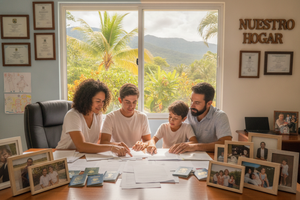A serene Costa Rican home office filled with family documentation for residency. In the foreground, a neatly organized desk features immigration papers, passports, and family photos in a bright, natural light. The family consists of diverse individuals—two adults and two children—dressed in modest casual clothing, focusing on the paperwork with expressions of determination and hope. In the middle ground, a window reveals a lush tropical garden, with palm trees swaying gently outside. The background shows soft, pastel-colored walls adorned with framed certificates and diplomas, enhancing the atmosphere of a warm, welcoming family environment. The overall mood is optimistic and grounded, emphasizing the importance of family unity in the immigration process. A serene Costa Rican home office filled with family documentation for residency. In the foreground, a neatly organized desk features immigration papers, passports, and family photos in a bright, natural light. The family consists of diverse individuals—two adults and two children—dressed in modest casual clothing, focusing on the paperwork with expressions of determination and hope. In the middle ground, a window reveals a lush tropical garden, with palm trees swaying gently outside. The background shows soft, pastel-colored walls adorned with framed certificates and diplomas, enhancing the atmosphere of a warm, welcoming family environment. The overall mood is optimistic and grounded, emphasizing the importance of family unity in the immigration process.