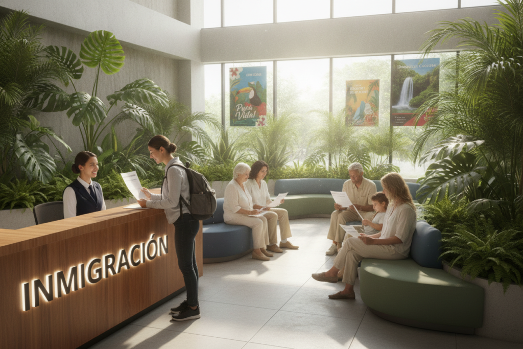 A serene Costa Rican immigration office interior, featuring a modern waiting area with comfortable seating and lush potted plants. The foreground includes a polished wooden reception desk with an immigration officer in professional attire, engaging with a visitor who appears curious and attentive. In the middle, several diverse individuals sit in the waiting area, each one casually dressed, flipping through forms related to visa appointments. The background showcases a large window with natural light streaming in, illuminating the space, along with colorful Costa Rican posters about travel and culture adorning the walls. The mood is calm and informative, reflecting a supportive environment where common questions about rescheduling appointments can be addressed. Soft shadows and highlights create a welcoming atmosphere.