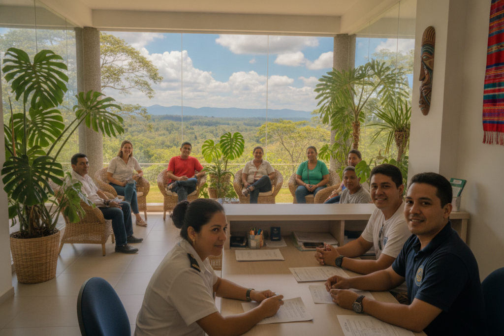 A serene Costa Rican immigration office scene depicting individuals successfully navigating the final stages of the immigration process. In the foreground, a diverse group of people, casually dressed, are engaging with friendly immigration officers at a modern desk, surrounded by documents and forms. The middle ground features other applicants waiting patiently in a bright, naturally lit space adorned with tropical plants and Costa Rican decor. In the background, a large window reveals a vivid view of Costa Rican landscapes, showcasing lush greenery and clear blue skies, creating an atmosphere of hope and anticipation. The photograph captures a candid moment, emphasizing the supportive environment and the importance of the process, illuminated by warm, natural light. A serene Costa Rican immigration office scene depicting individuals successfully navigating the final stages of the immigration process. In the foreground, a diverse group of people, casually dressed, are engaging with friendly immigration officers at a modern desk, surrounded by documents and forms. The middle ground features other applicants waiting patiently in a bright, naturally lit space adorned with tropical plants and Costa Rican decor. In the background, a large window reveals a vivid view of Costa Rican landscapes, showcasing lush greenery and clear blue skies, creating an atmosphere of hope and anticipation. The photograph captures a candid moment, emphasizing the supportive environment and the importance of the process, illuminated by warm, natural light.
