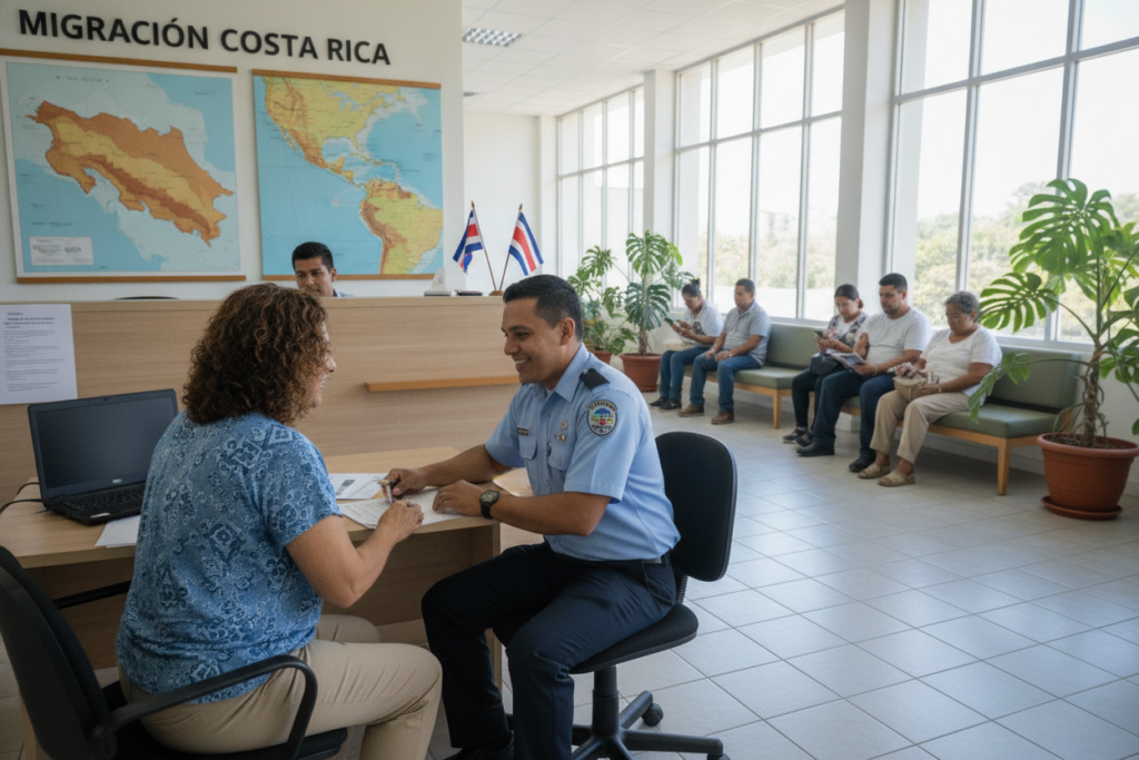 A serene Costa Rican immigration office scene, showcasing a diverse group of individuals engaged in the residency process. In the foreground, a middle-aged woman in modest casual clothing discusses documentation with a friendly immigration officer, both appearing focused and collaborative. The middle ground features a well-organized reception area with Costa Rican flags and colorful maps on the walls, enhancing the local atmosphere. In the background, soft natural light filters through large windows, illuminating a waiting area with plants and comfortable seating, creating a welcoming environment. The mood is calm and optimistic, reflecting hope and clarity as individuals navigate their immigration journey. The scene captures the essence of a smooth immigration process in Costa Rica, focusing on community and support.