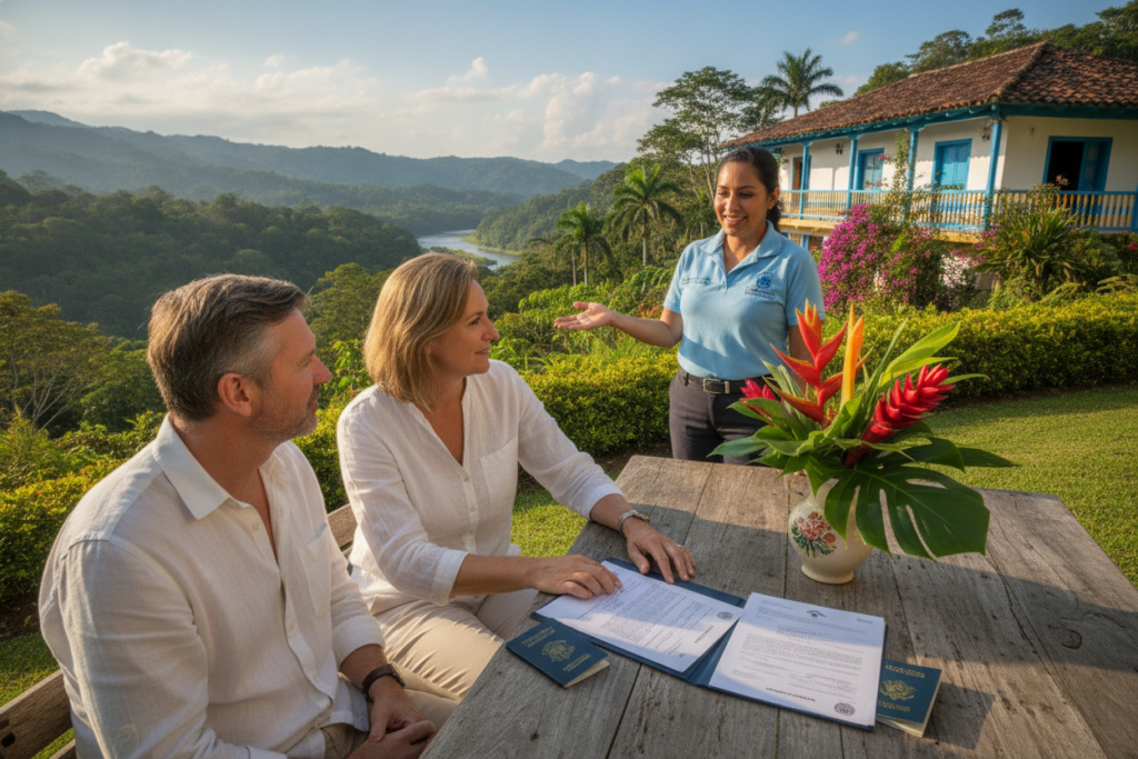 A serene Costa Rican landscape captures the essence of residency for parents of Costa Rican citizens. In the foreground, a middle-aged couple, dressed in smart casual attire, looks through official residency documents. They are seated at a rustic wooden table with a tropical flower centerpiece. In the middle ground, a representative from the local immigration office, wearing a simple, professional shirt, explains the process while gesturing toward a picturesque view of verdant hills and a clear blue sky. The background features a traditional Costa Rican building, adorned with vibrant colors and surrounded by lush greenery. The scene is bathed in warm, natural light, creating a harmonious and hopeful atmosphere, symbolizing a new chapter for the family. The image captures the understanding of residency, making the process feel accessible and inviting.