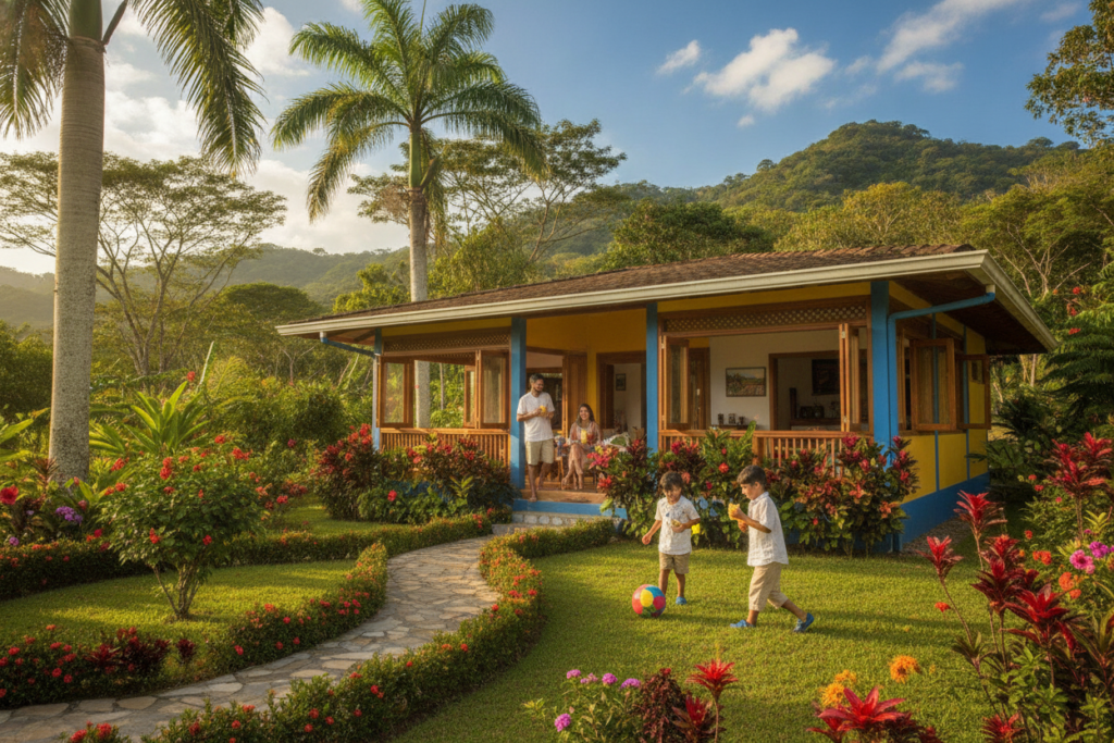 A serene Costa Rican landscape depicting a cozy house surrounded by lush greenery, vibrant tropical flowers, and palm trees. In the foreground, a well-maintained garden with colorful plants and a welcoming pathway leading to the entrance. In the middle ground, the house is a charming single-story structure with bright, inviting colors and large windows, emphasizing an open, airy feel. In the background, gentle hills and a clear blue sky with soft clouds create a tranquil atmosphere. Natural light bathes the scene, enhancing the vibrant colors and warm ambiance. Ideally, a casually dressed family can be seen enjoying the space, representing the local lifestyle in an authentic way. The image should convey a sense of comfort, warmth, and the relaxed pace of life in Costa Rica. A serene Costa Rican landscape depicting a cozy house surrounded by lush greenery, vibrant tropical flowers, and palm trees. In the foreground, a well-maintained garden with colorful plants and a welcoming pathway leading to the entrance. In the middle ground, the house is a charming single-story structure with bright, inviting colors and large windows, emphasizing an open, airy feel. In the background, gentle hills and a clear blue sky with soft clouds create a tranquil atmosphere. Natural light bathes the scene, enhancing the vibrant colors and warm ambiance. Ideally, a casually dressed family can be seen enjoying the space, representing the local lifestyle in an authentic way. The image should convey a sense of comfort, warmth, and the relaxed pace of life in Costa Rica.