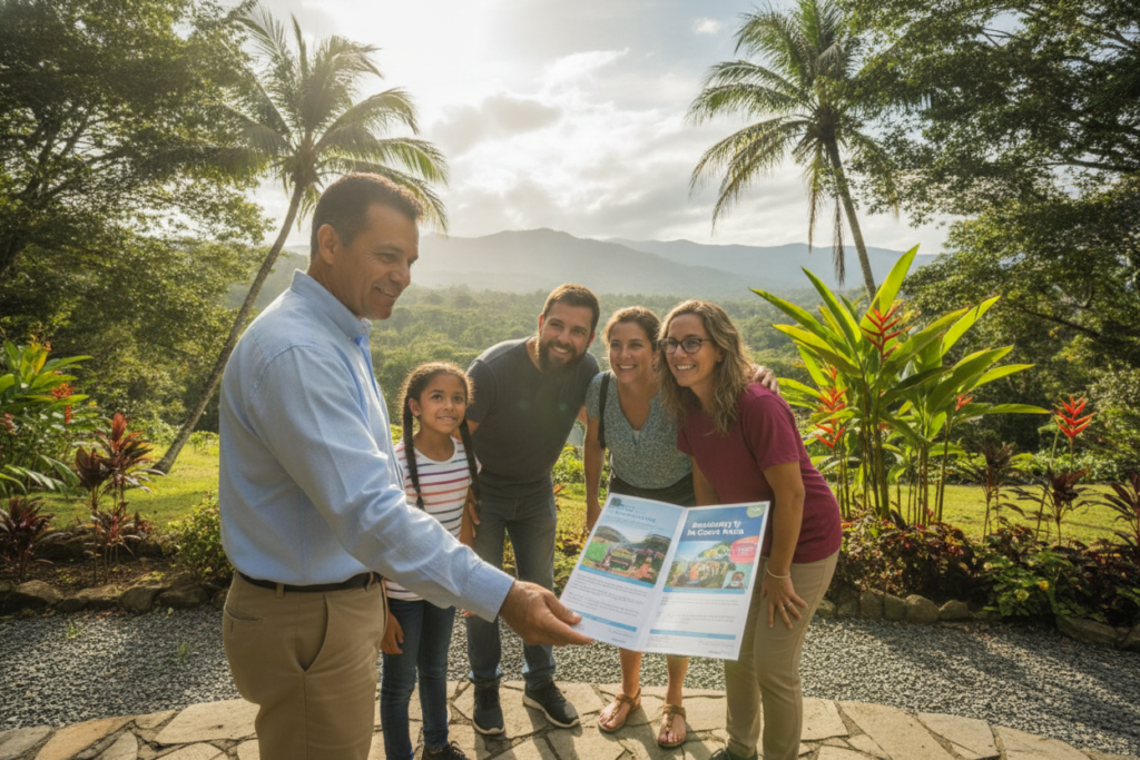 A serene Costa Rican landscape depicting a family interacting with a friendly local immigration consultant in a well-lit, outdoor setting. In the foreground, the consultant is a middle-aged Costa Rican man wearing casual yet professional attire, gesturing toward a colorful brochure about residency. In the middle, a diverse group of family members, including a child, attentively listening; they appear hopeful and engaged. Surrounding them are lush greenery of tropical plants and trees, typical of Costa Rica’s rich biodiversity, with a soft-focus background of a sunny sky and distant mountains. The lighting is bright and natural, enhancing the welcoming atmosphere, evoking a sense of guidance and support in navigating the immigration process.