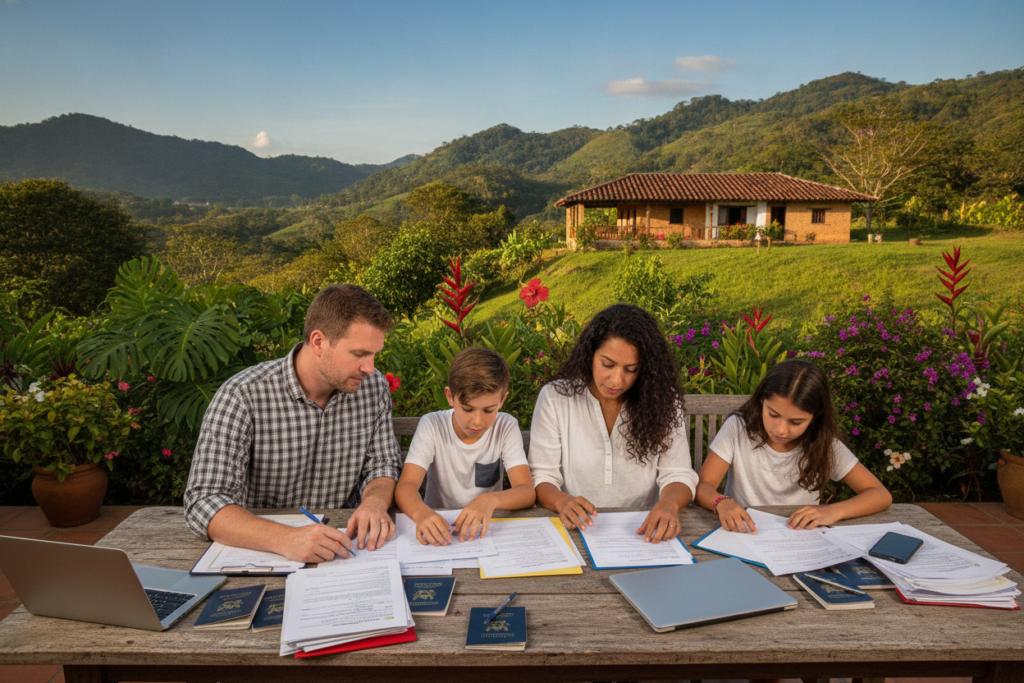 A serene Costa Rican landscape depicting a family navigating the challenges of a residency application. In the foreground, a diverse family of four—mom, dad, and two children—are gathered around a table with paperwork, showcasing determination and teamwork. They are dressed in comfortable yet professional casual clothing, reflecting both warmth and resilience. In the middle ground, a lush green garden with tropical plants and colorful flowers provides a vibrant backdrop, symbolizing hope and growth. The background features a soft-focus view of a traditional Costa Rican home, with rolling hills under a clear blue sky, creating a sense of optimism. The lighting is warm and natural, casting a golden hue over the scene, evoking a mood of perseverance and family unity. Shot from a slightly elevated angle to capture both the family and their environment harmoniously.