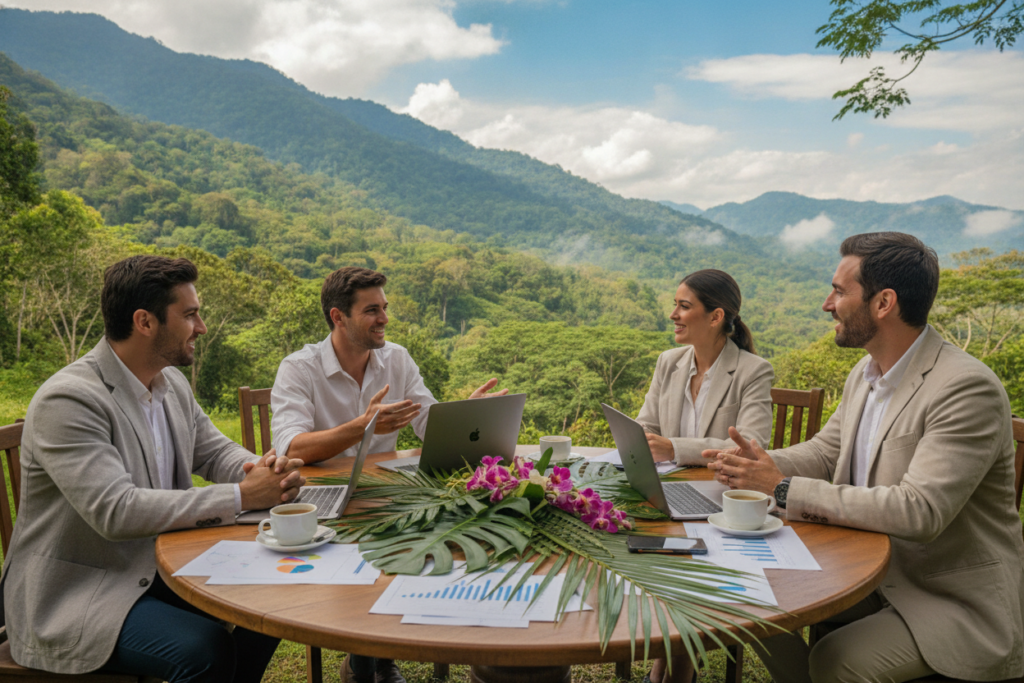 A serene Costa Rican landscape depicting a lively outdoor business meeting, with a small group of professionals engaged in discussion. In the foreground, a round table adorned with tropical greenery, papers, and laptops, showcasing a business presentation. The middle ground features participants, dressed in smart casual attire, focused on each other, exuding collaboration and investment enthusiasm. In the background, the lush mountains and vibrant blue sky typical of Costa Rica create a warm ambiance, reflected in soft, natural lighting. The scene conveys a sense of opportunity, growth, and the welcoming nature of the country for investors, capturing the essence of investment and business residency insights in a picturesque setting. A serene Costa Rican landscape depicting a lively outdoor business meeting, with a small group of professionals engaged in discussion. In the foreground, a round table adorned with tropical greenery, papers, and laptops, showcasing a business presentation. The middle ground features participants, dressed in smart casual attire, focused on each other, exuding collaboration and investment enthusiasm. In the background, the lush mountains and vibrant blue sky typical of Costa Rica create a warm ambiance, reflected in soft, natural lighting. The scene conveys a sense of opportunity, growth, and the welcoming nature of the country for investors, capturing the essence of investment and business residency insights in a picturesque setting.