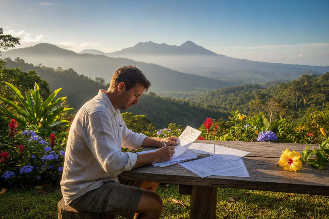 A serene Costa Rican landscape depicting a person reviewing residency application documents outdoors. In the foreground, a casually dressed individual, seated at a rustic wooden table, intently examines papers scattered around, with a pen in hand. The middle ground features vibrant tropical foliage, with lush greenery and colorful flowers framing the scene. In the background, a breathtaking view of the rolling hills and distant mountains under a bright blue sky. The soft, natural light of early morning enhances the tranquil atmosphere, casting gentle shadows across the table. The focus is sharp on the person and the documents, with a slight bokeh effect on the background, creating a warm and inviting mood that reflects the importance of careful application processes.