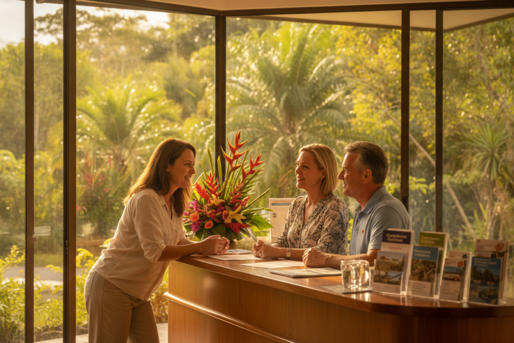 A serene Costa Rican landscape depicting a professional and welcoming residency support office. In the foreground, a friendly immigration consultant, wearing modest casual clothing, is engaged in conversation with a couple who are looking to retire in Costa Rica. The middle ground features a reception desk adorned with colorful local flora and informational brochures about residency options. In the background, large windows showcase a lush tropical garden, illuminated by warm, natural sunlight that creates a bright and inviting atmosphere. The scene conveys a sense of hope and possibility, highlighting the ease of navigating residency processes in a beautiful, vibrant country. Use a soft focus lens to enhance the inviting mood of the image.