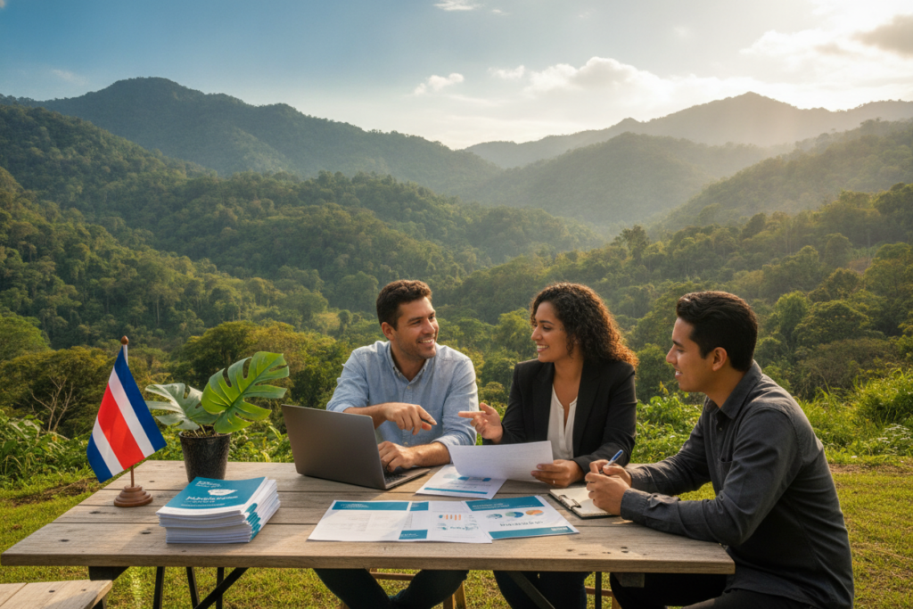 A serene Costa Rican landscape depicting a professional setting focused on tax exemptions and investment requirements. In the foreground, a group of three diverse individuals in smart casual attire engages in a discussion, surrounded by paperwork and a laptop, illustrating collaboration and clarity. The middle ground showcases a rustic wooden table adorned with a Costa Rican flag, financial documents, and tropical plants, symbolizing local investment opportunities. The background features lush green hills and a bright blue sky with soft sunlight filtering through, creating a warm and inviting atmosphere. The composition should emphasize a sense of professionalism and community spirit, reflecting the subject of tax and investment in Costa Rica.