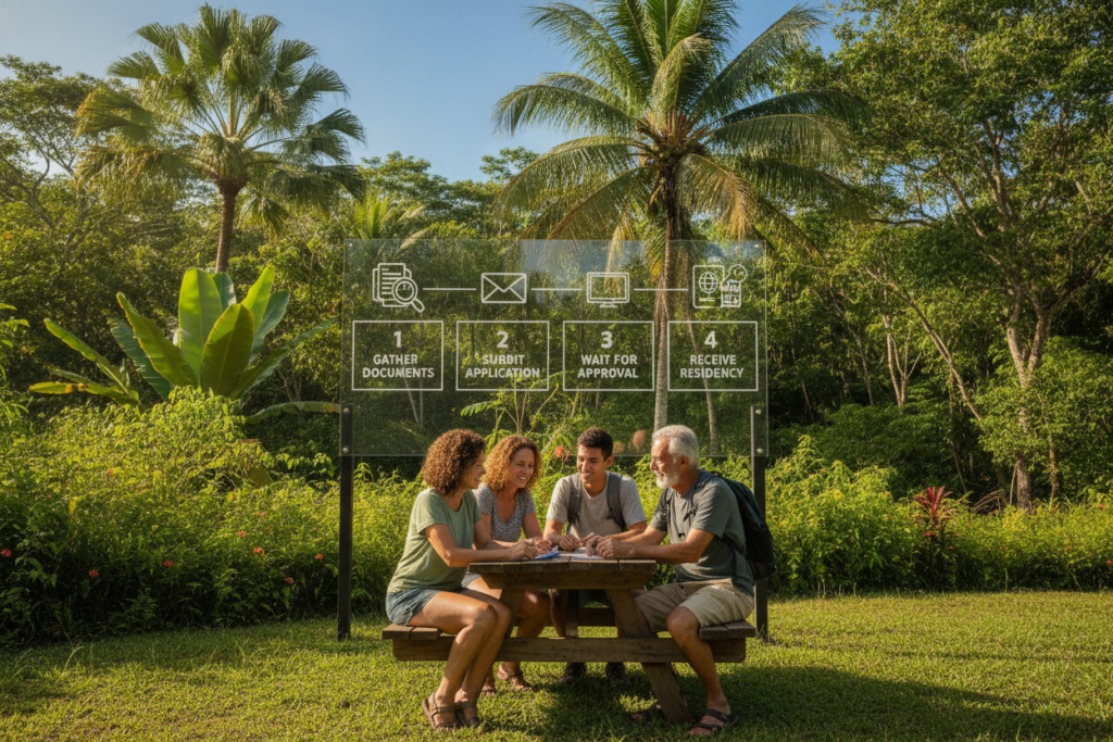 A serene Costa Rican landscape depicting a step-by-step application process for residency. In the foreground, a diverse group of three individuals (a middle-aged woman, a young man, and an older man) are discussing a checklist at a wooden picnic table, all dressed in modest casual clothing. The middle layer features a detailed illustration of the application steps illustrated on a clear, structured flowchart with graphics, symbolizing each stage: gathering documents, submitting the application, waiting for approval, and receiving residency. The background shows lush greenery with tropical plants and a clear sky, bathing the scene in warm, natural light. The atmosphere is friendly and informative, capturing the essence of the residency process while highlighting Costa Rica's vibrant nature.